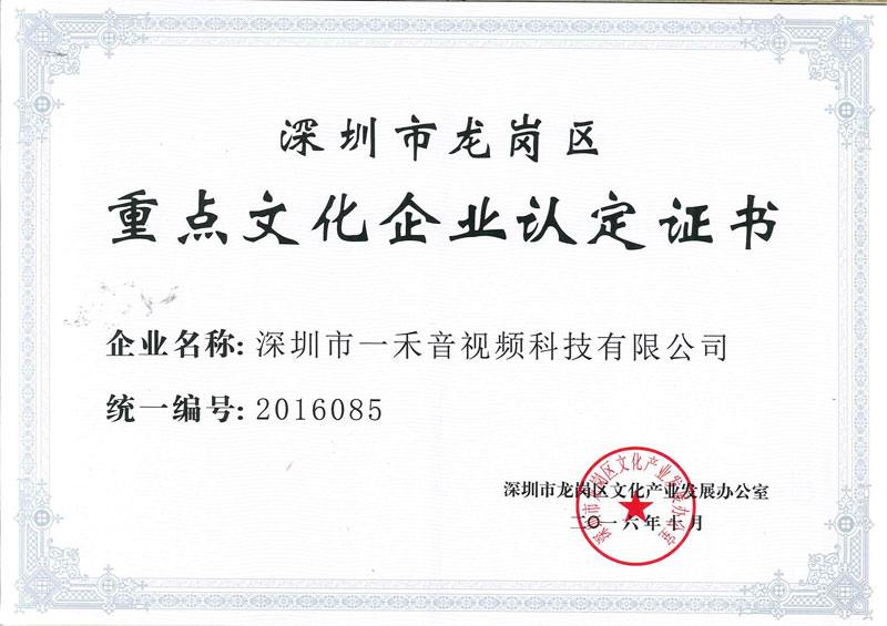 一禾科技被评定为深圳市龙岗区重点文化企业